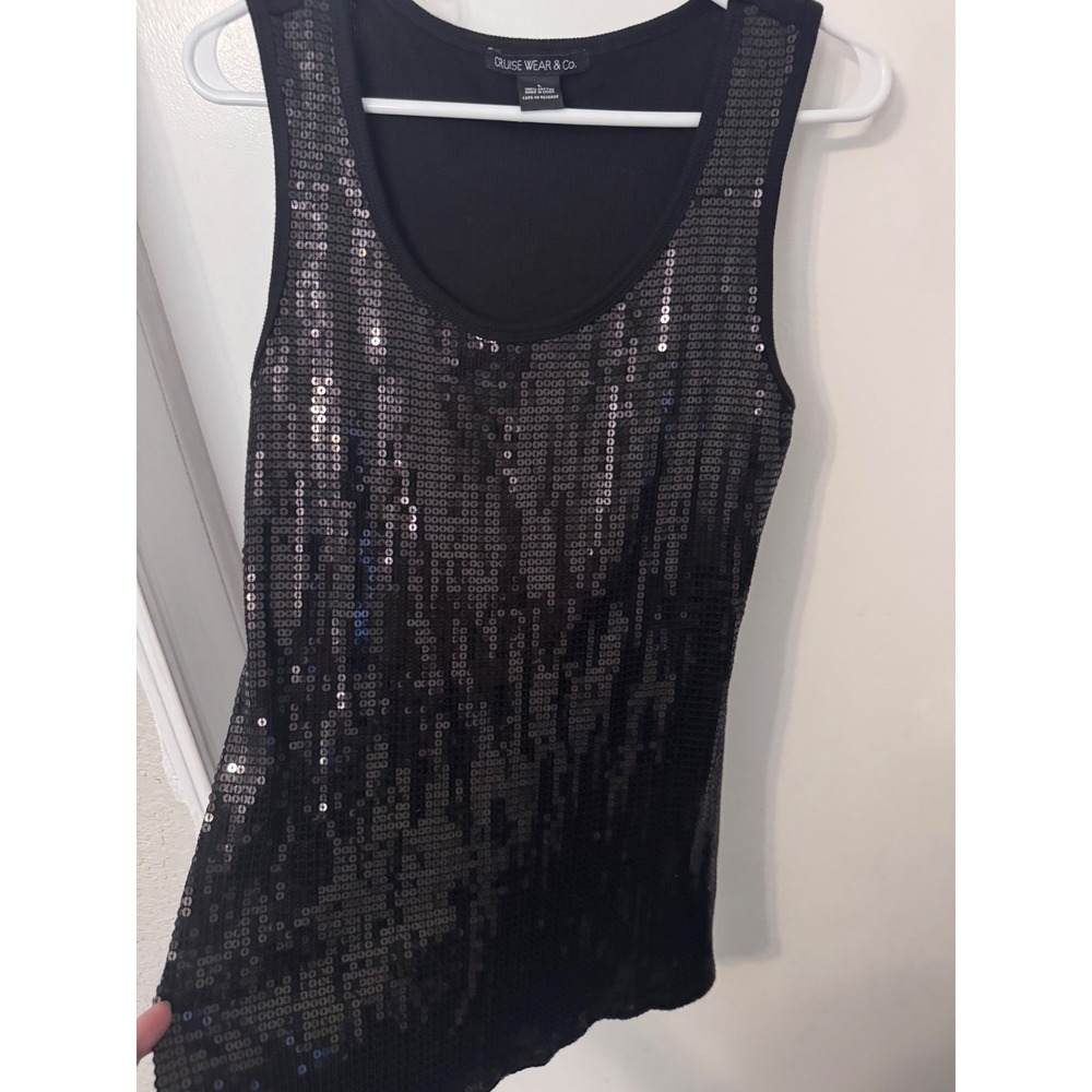 Cruise Wear & Co Womens Black Sequin Ribbed Tank Top Cotton Scoop Neck Large